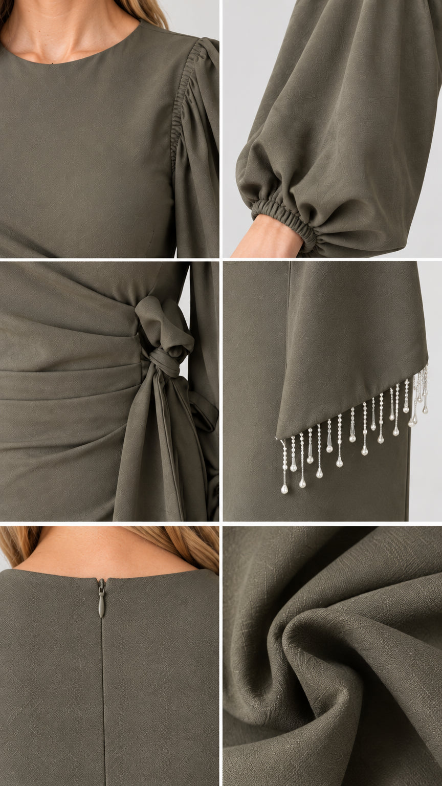 Detailed close-up collage of neckline, gathered cuffs, beaded fringe sash, and crepe fabric
