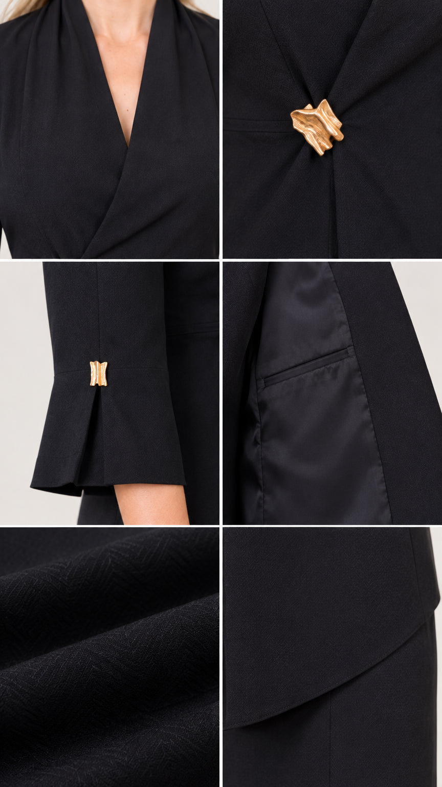 Close-up detail collage showing gold buckle closure, cuff hardware, and fabric texture