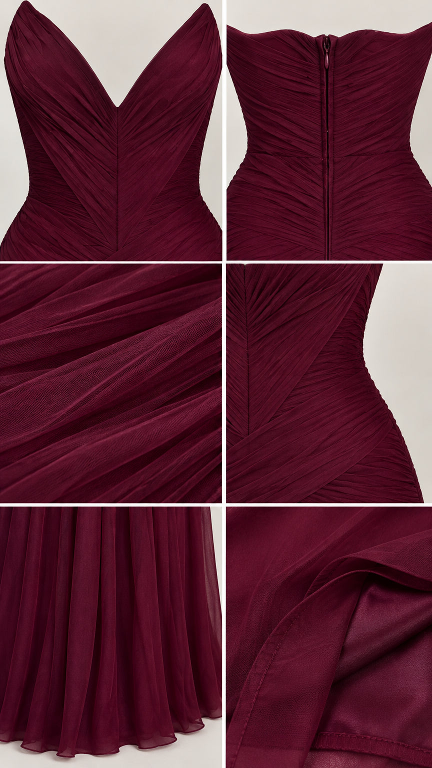 Close-up detail shots of burgundy ruched plunge neckline, pleating, and lining