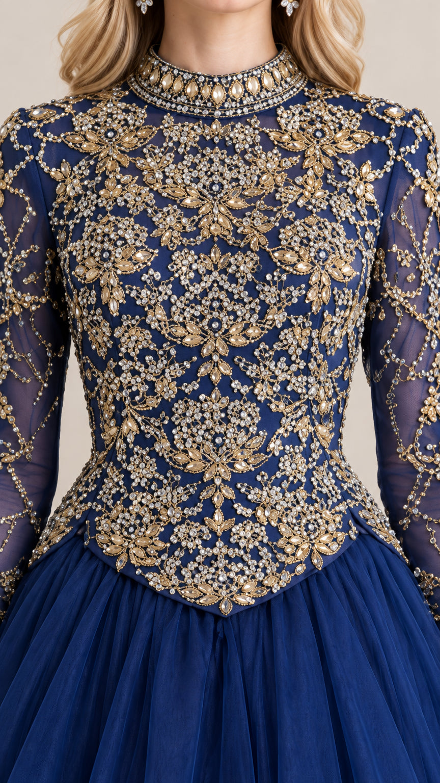 Close-up of intricate gold beading and embroidery on royal blue bodice
