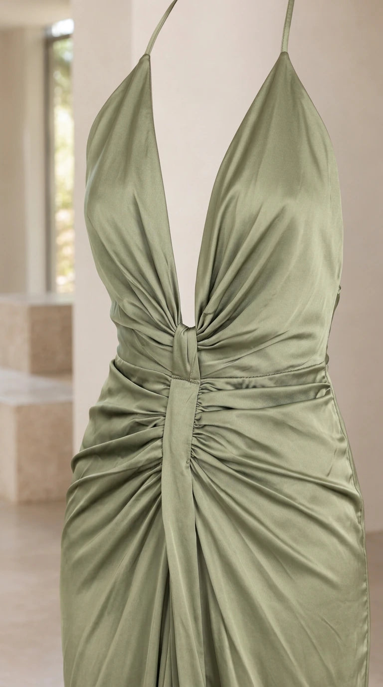 Close up view of ruched gathered waist and plunge neckline on sage green dress