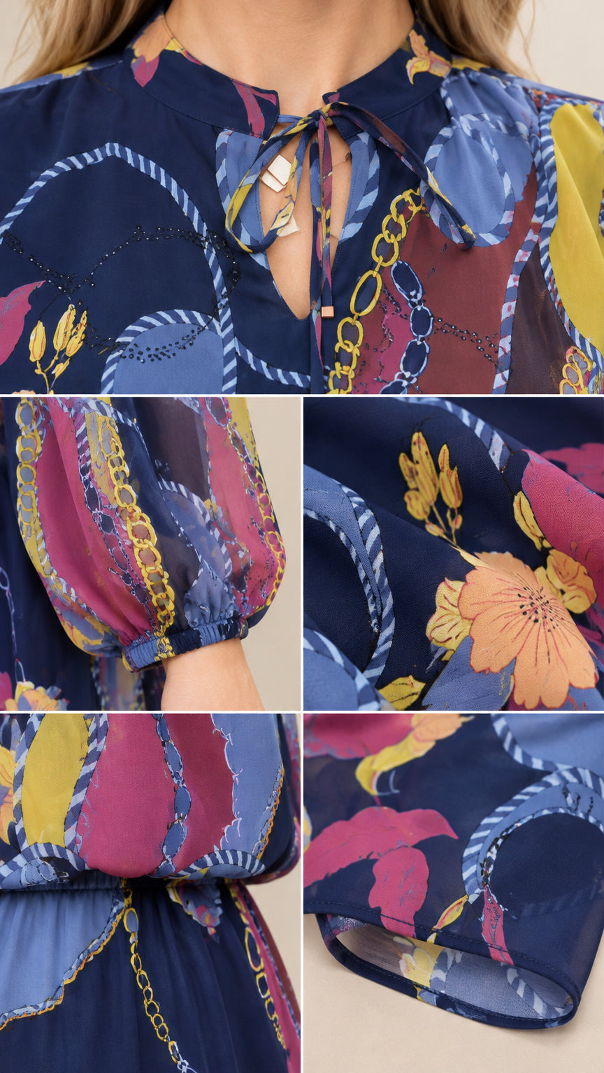 Close-up details of keyhole tie neckline, cuffs, and print texture