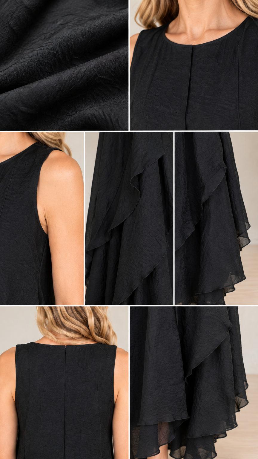 Close-up details of black textured fabric, neckline, and tiered hems