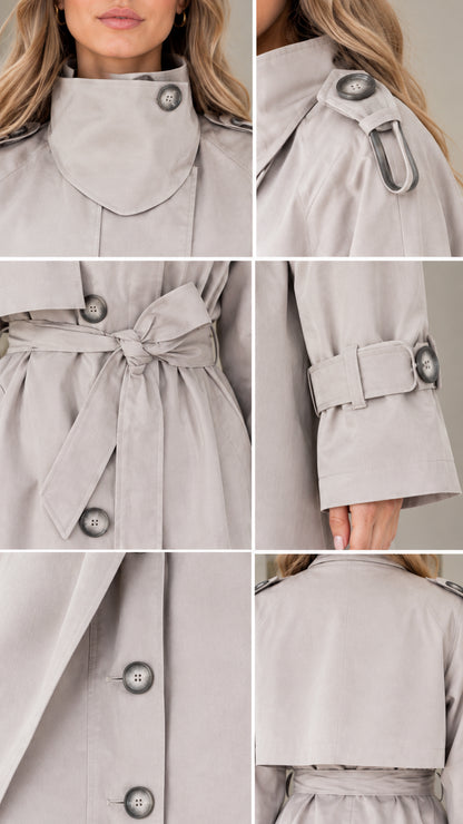 Close-up details of collar closure, shoulder epaulet, belt knot, cuff tab, and back flap