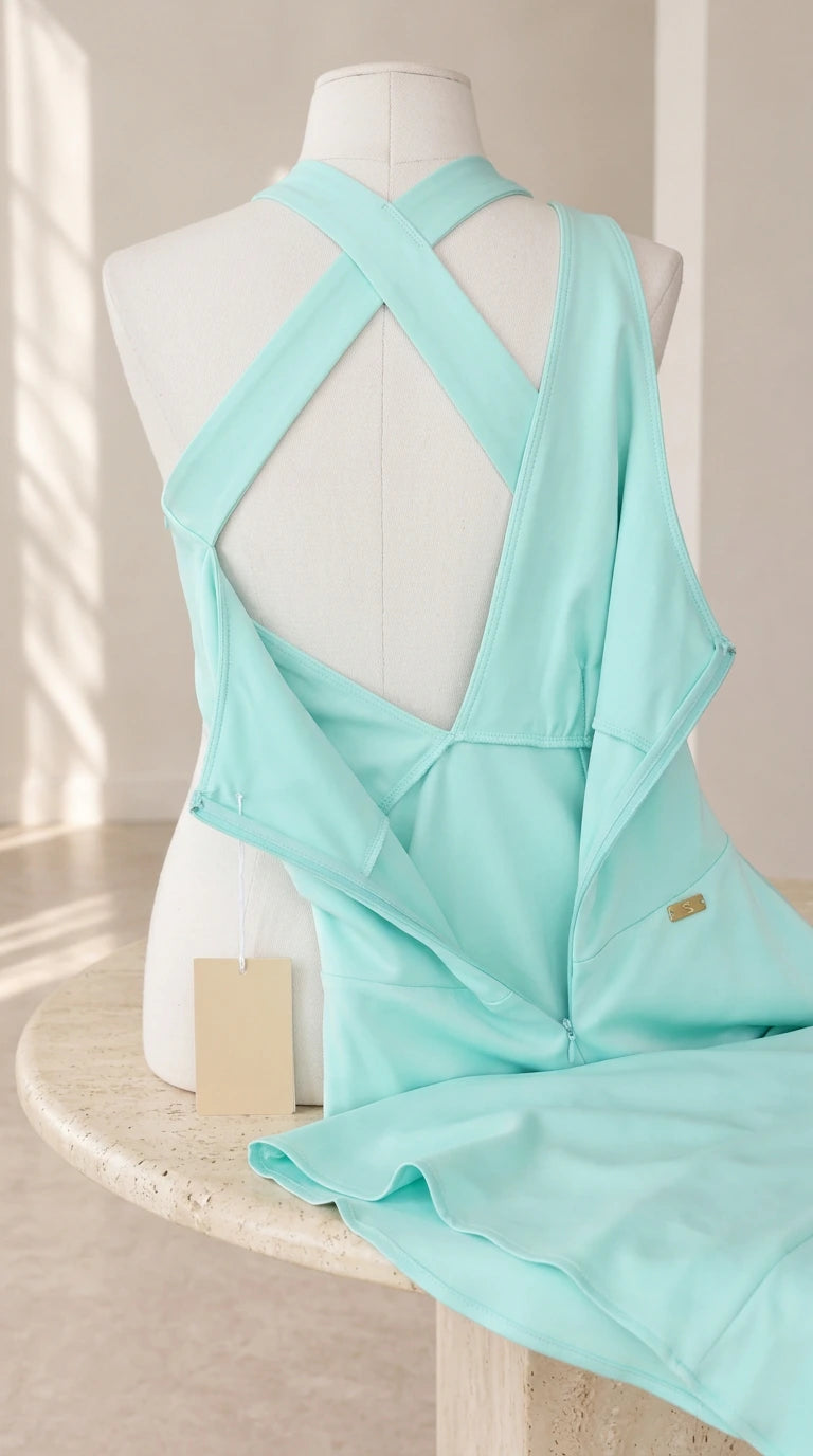 Interior and zipper craftsmanship detail on the aqua blue cross-back halter dress