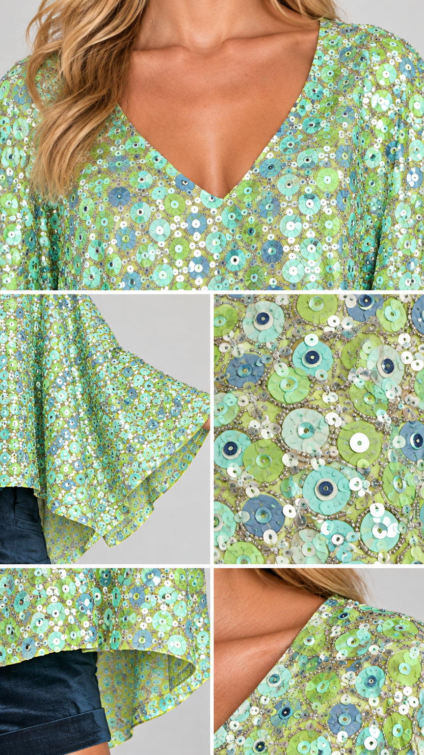 Close-up detail collage showing green sequin neckline, fabric, and flared cape hem