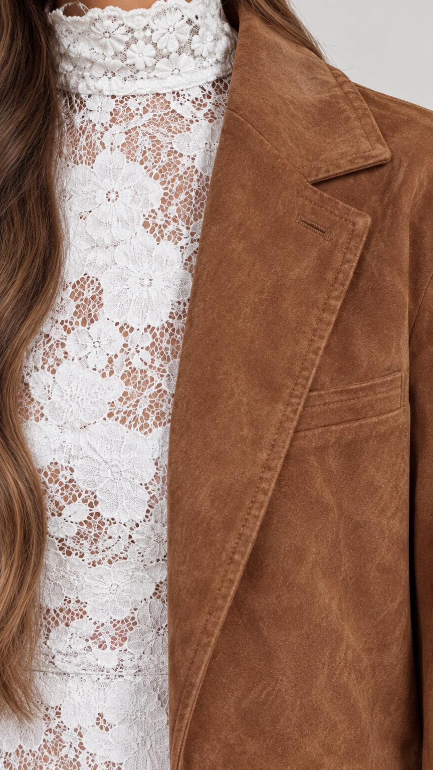Close-up detail of textured faux suede notch lapel and white lace mini dress