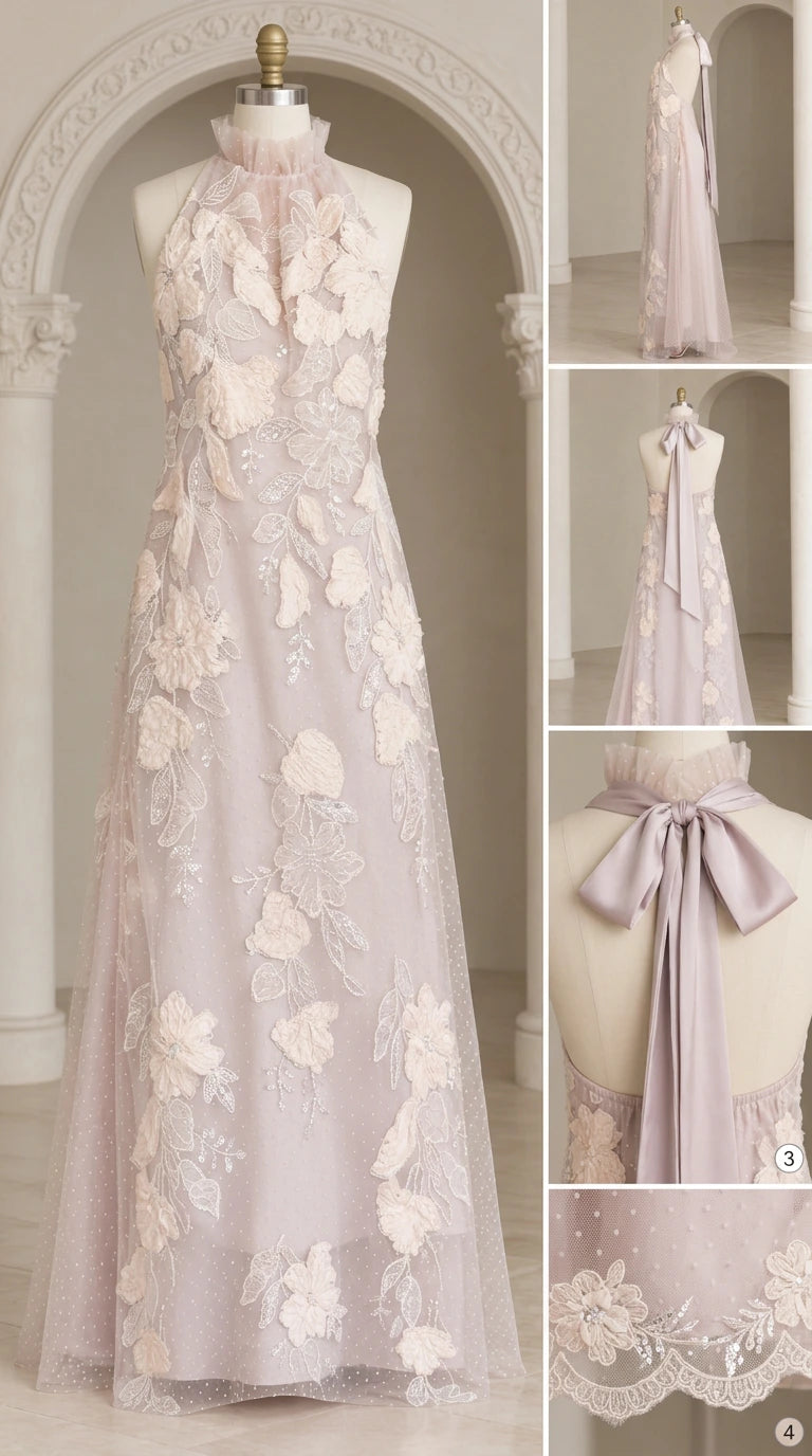 Detailed mannequin display and fabric close-ups of floral embroidery and hemline