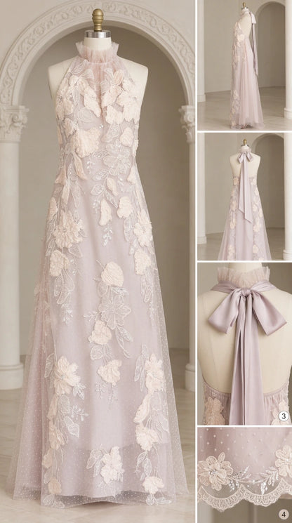 Detailed mannequin display and fabric close-ups of floral embroidery and hemline