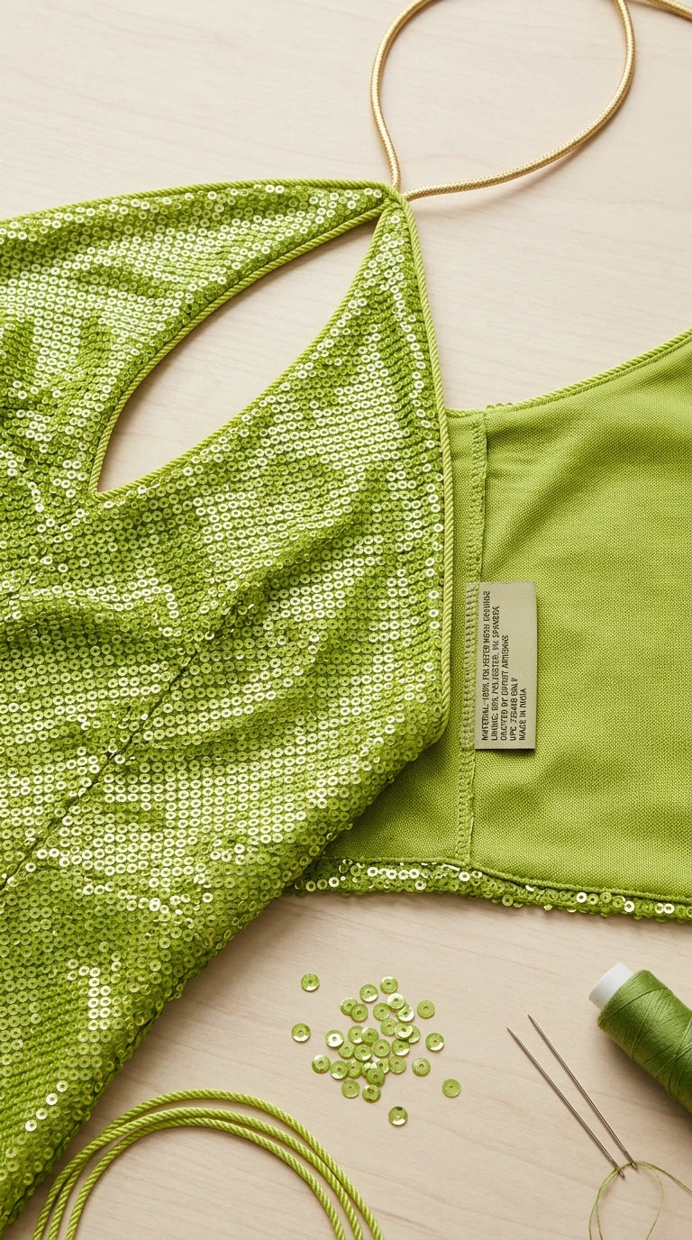 Close-up detail of lime green sequin fabric, halter cord, and lining construction