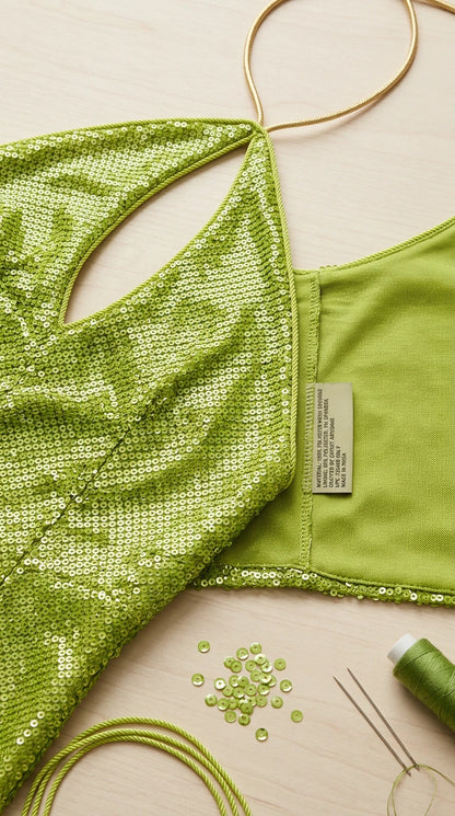 Close-up detail of lime green sequin fabric, halter cord, and lining construction