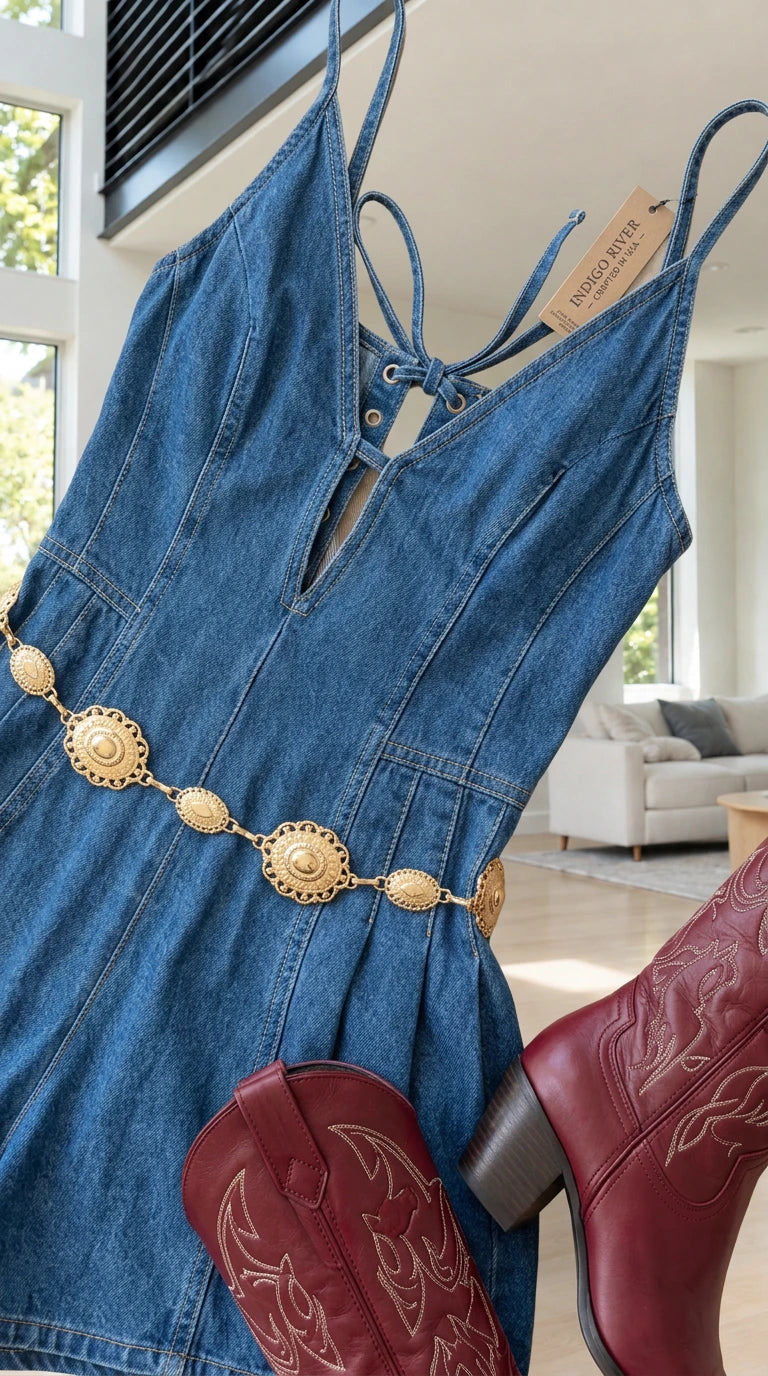 Flat lay close-up detail of Medium Blue denim romper neckline and belt styling
