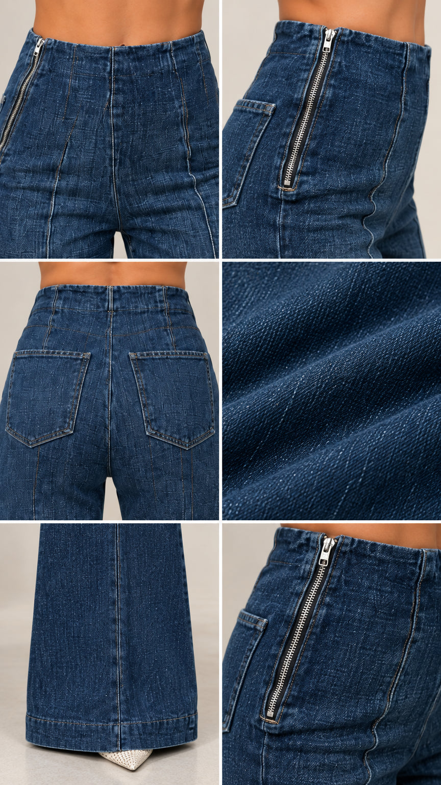 Close-up details of front seam, exposed hip zipper, back pocket, and denim texture
