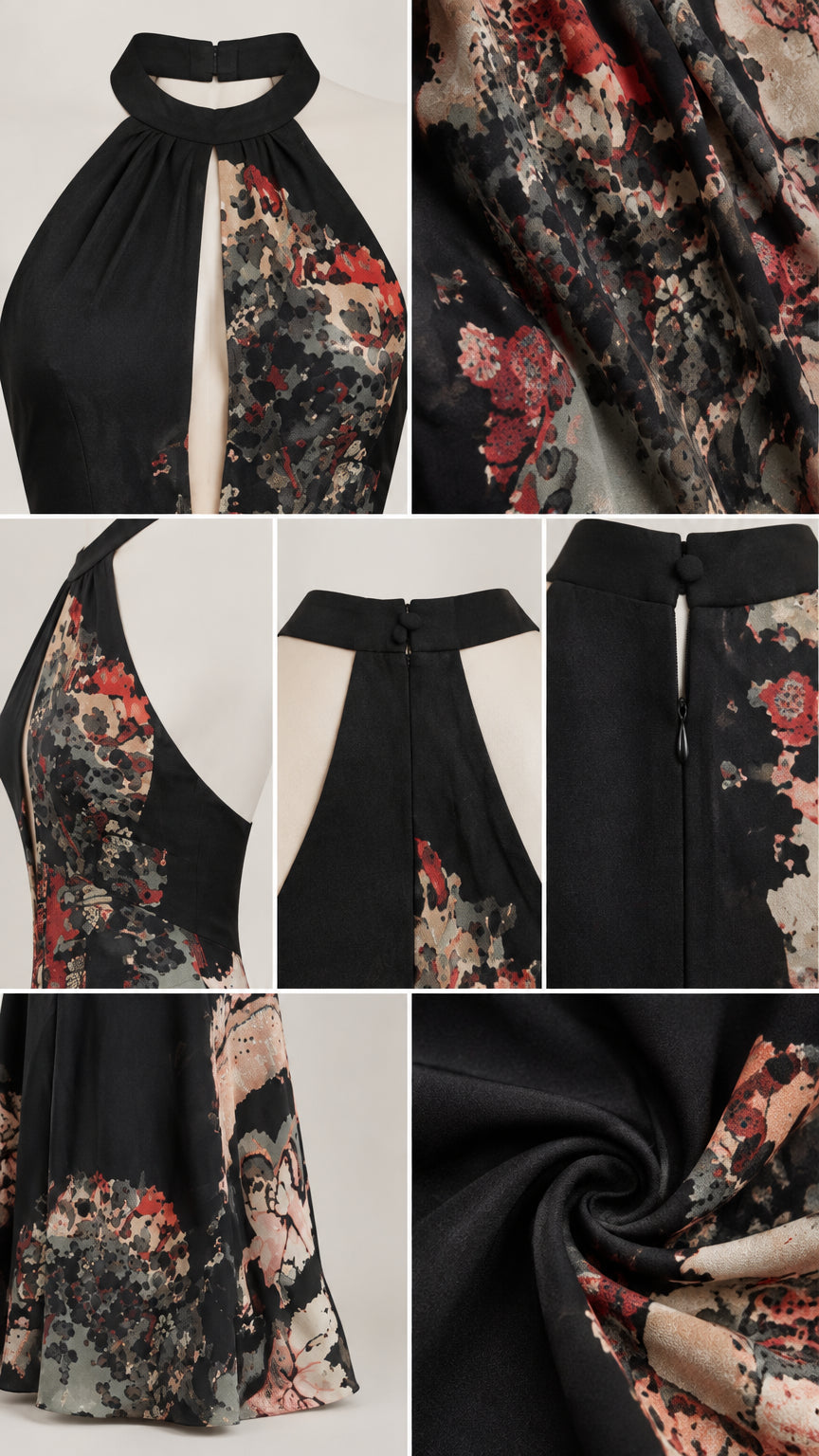 Close-up details of halter neckline, keyhole cutout, fabric drape, and floral print