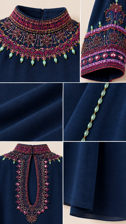 Close-up details of beaded collar, embroidered cuffs, and fabric texture