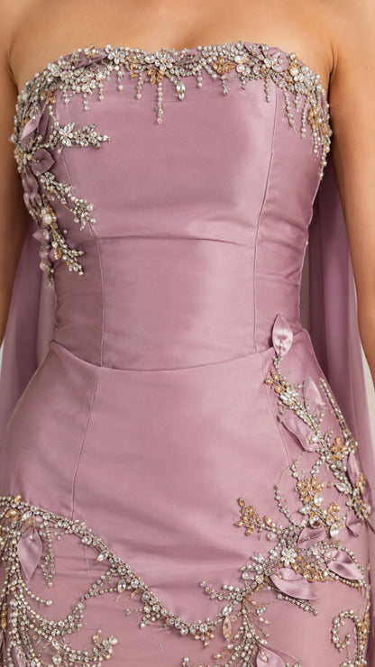 Close-up detail of bodice beading, 3D floral appliques, and neckline embellishments