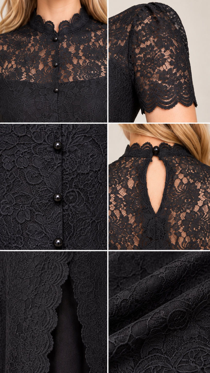 Close-up details of scalloped high neck, covered buttons, lace texture, and keyhole back