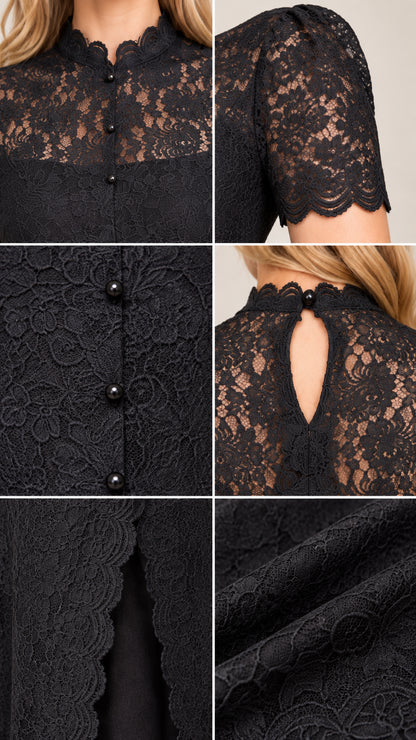 Close-up details of scalloped high neck, covered buttons, lace texture, and keyhole back