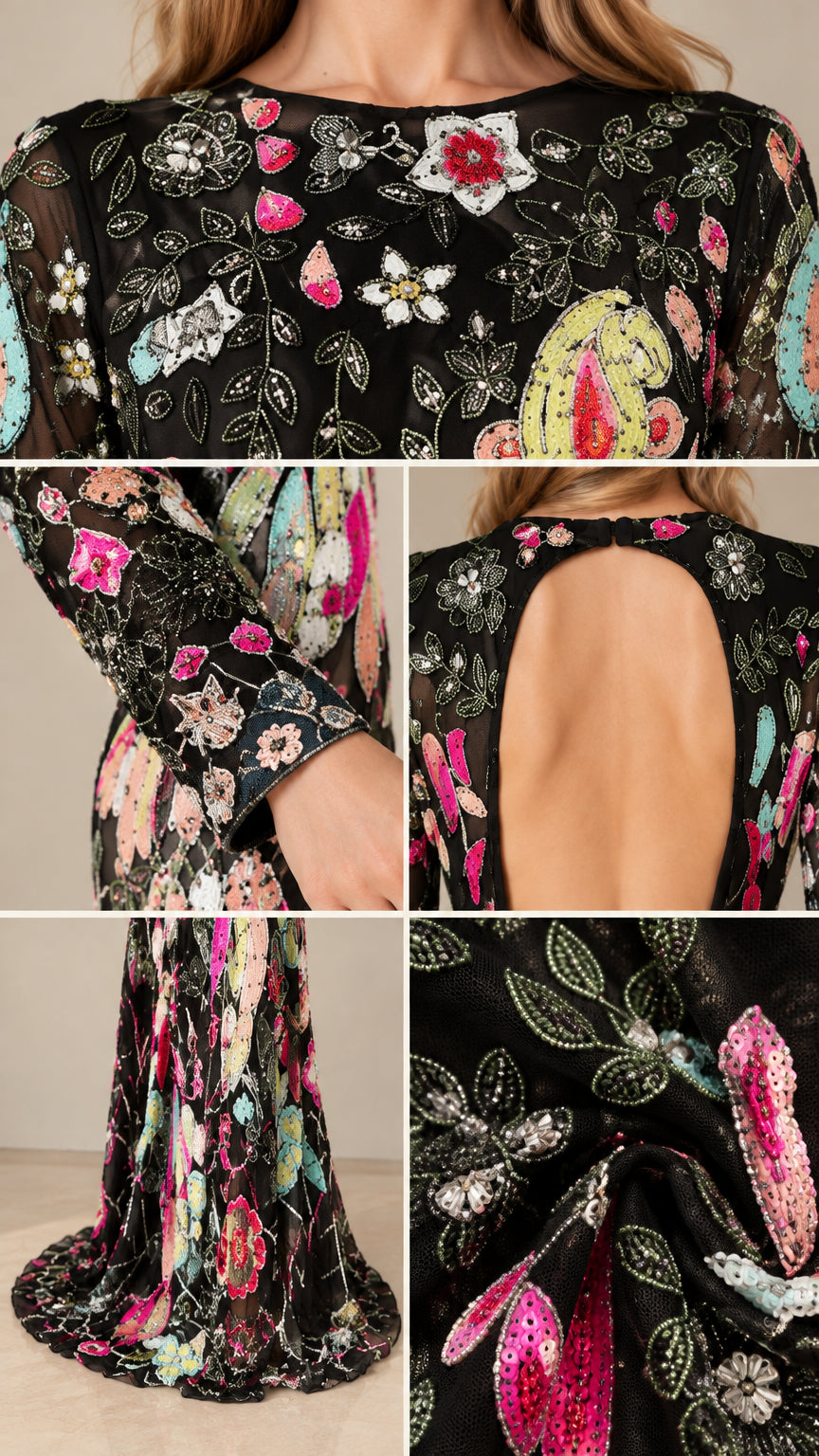 Close-up details of sequin floral embroidery, sleeve cuffs, and back opening