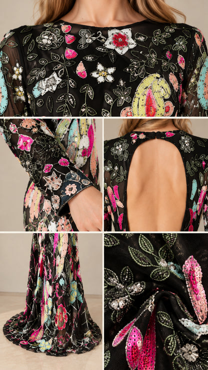 Close-up details of sequin floral embroidery, sleeve cuffs, and back opening