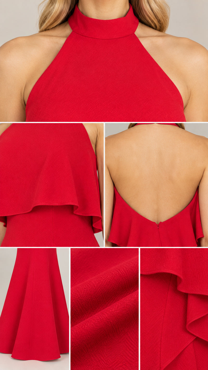 Close-up details of neckline, backless design, and crepe fabric texture