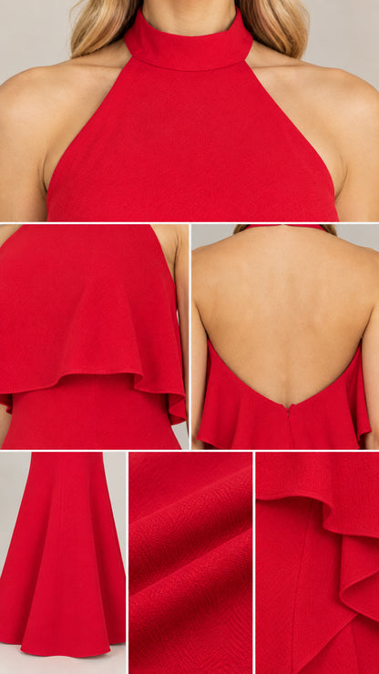 Close-up details of neckline, backless design, and crepe fabric texture