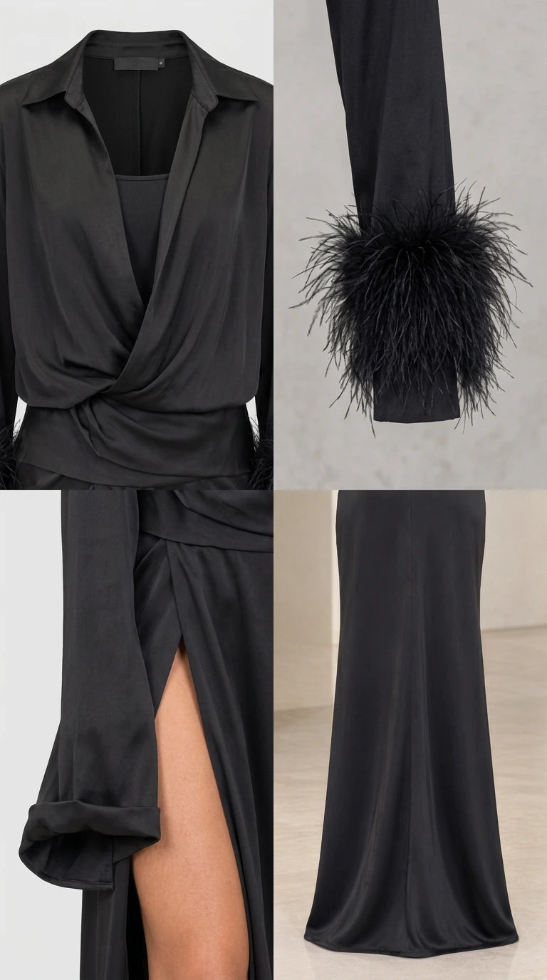 Detailed view of black satin fabric, collar neckline, feather cuffs, and skirt slit