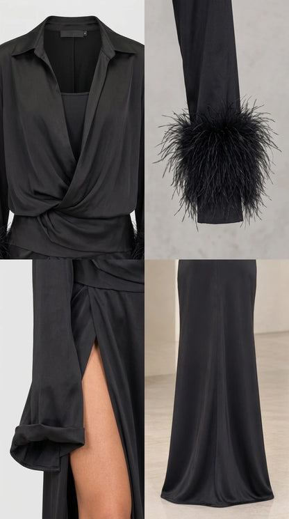 Detailed view of black satin fabric, collar neckline, feather cuffs, and skirt slit