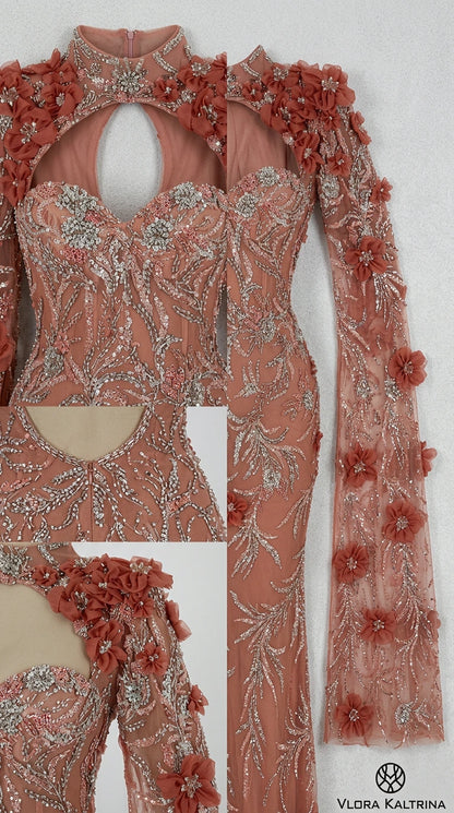 Close-up details of beaded floral embroidery, high neck cutout, and 3D floral accents