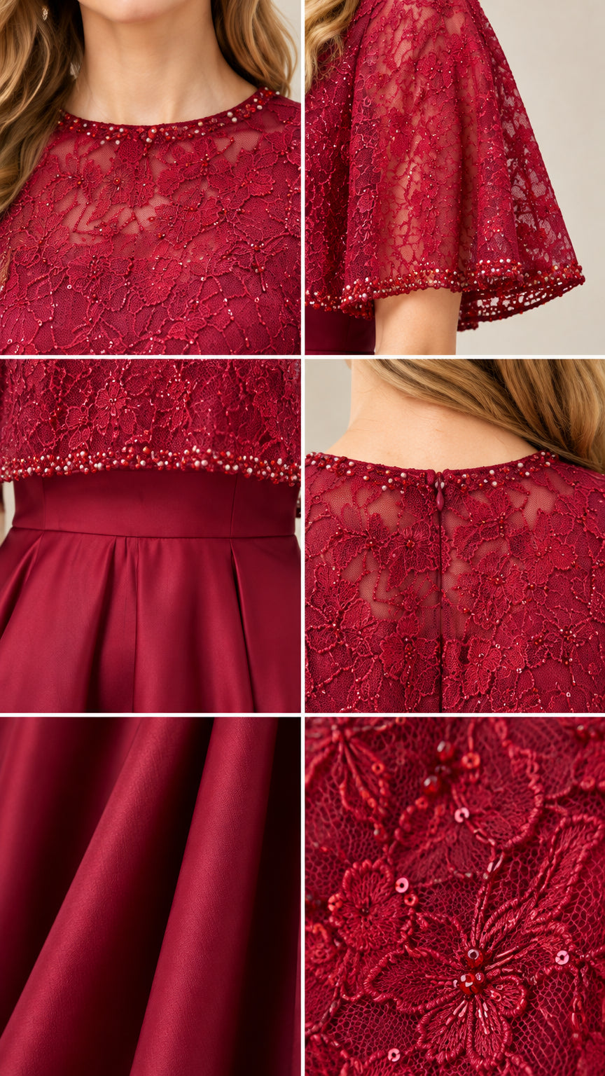 Close-up details of beaded floral lace capelet, waistband, and satin fabric