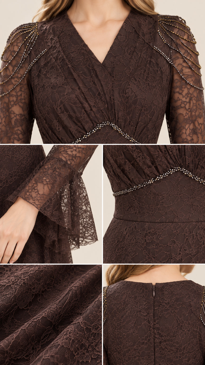 Close-up details of beaded shoulders, lace texture, bell cuff, and back zipper