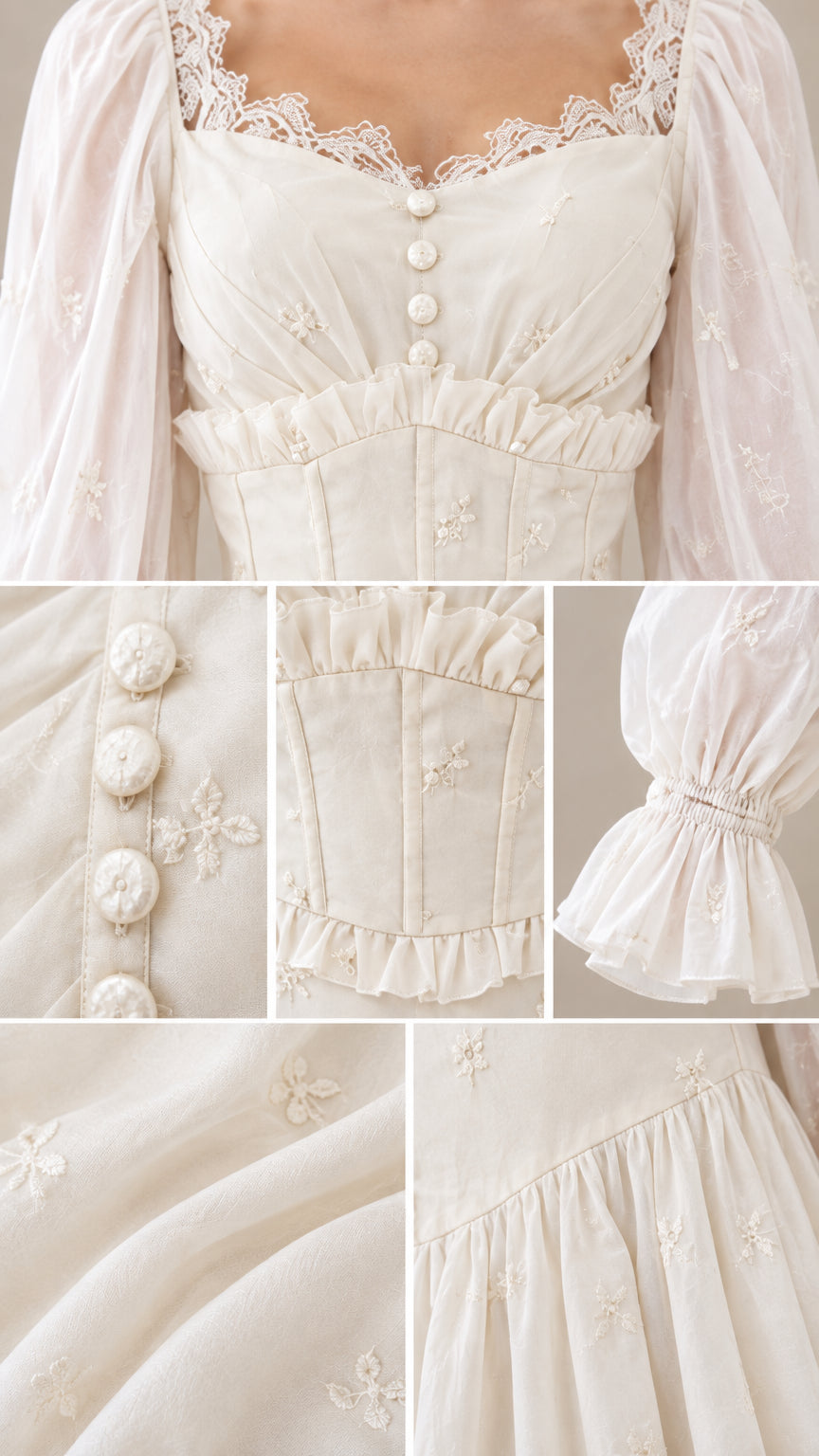 Close-up details of lace neckline, button bodice, ruffled waist, and sleeve cuffs on ivory dress
