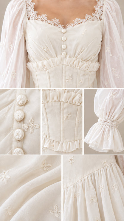 Close-up details of lace neckline, button bodice, ruffled waist, and sleeve cuffs on ivory dress