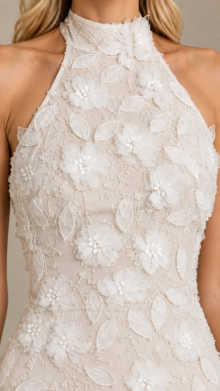 Close-up detail of 3D floral appliques and delicate beading on halter dress bodice