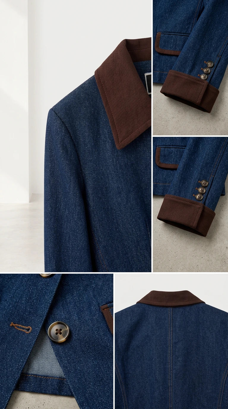 Detailed close-up of contrast brown collar, button front, and cuff details on denim jacket