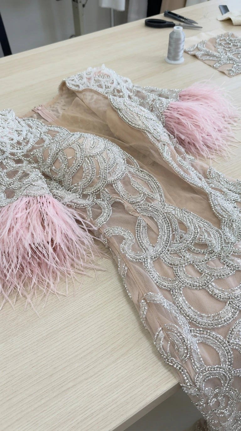 Close-up detail of silver embroidery, beadwork, and pink feather cuff