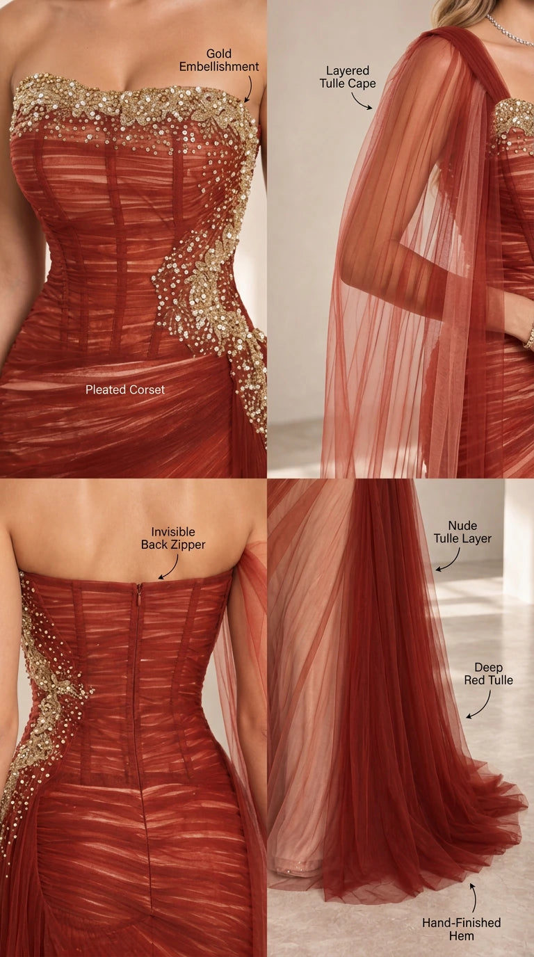 Close-up detail collage showing gold embellishments, pleated corset, invisible back zipper, and layered tulle cape