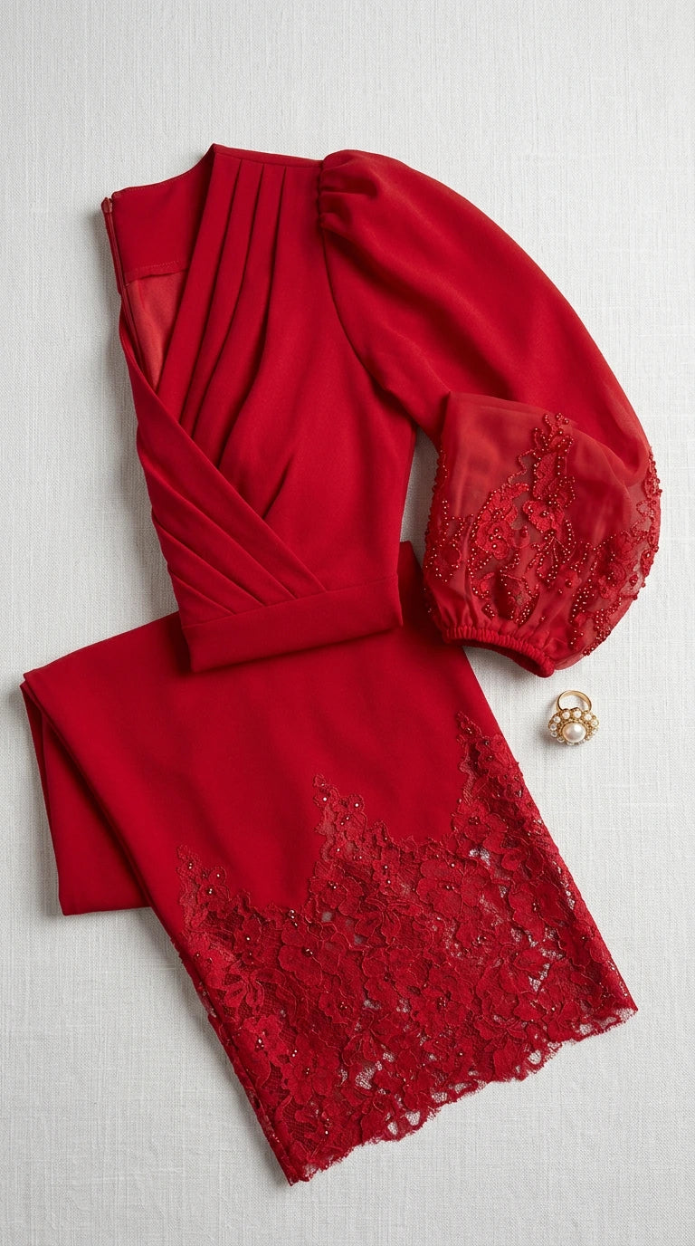 Flat lay detail of red dress showing pleated bodice, lace cuff, and lace hem