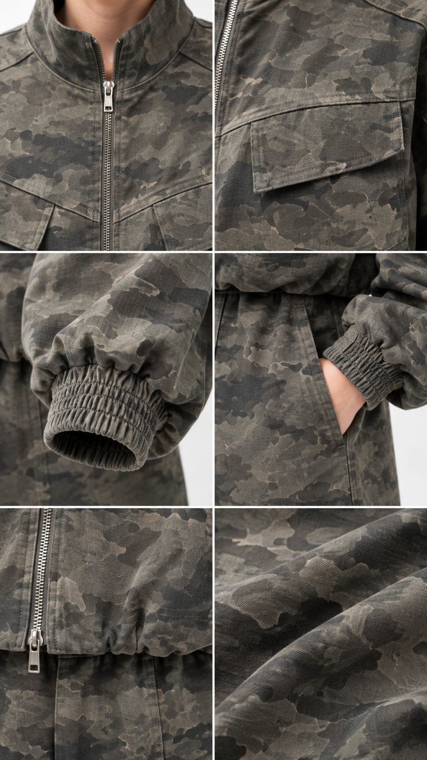 Detailed close-up views of collar, zip front, chest pocket, and elastic cuff construction