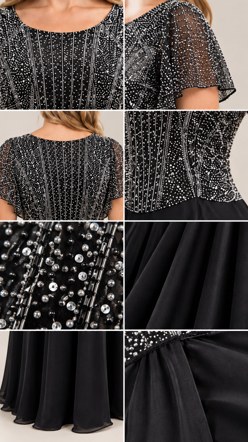 Detailed close-up of intricate beading and chiffon fabric texture