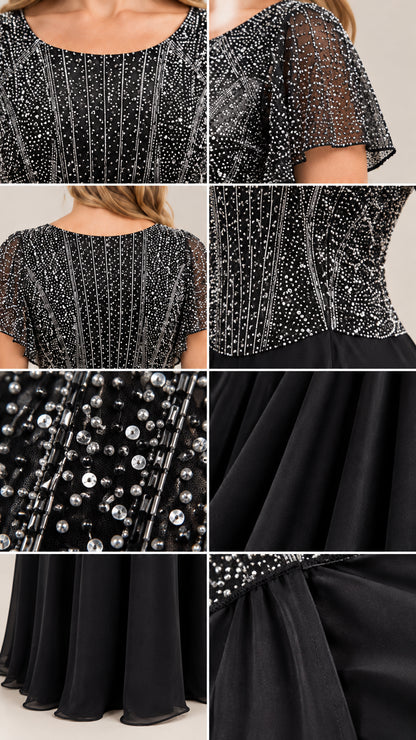 Detailed close-up of intricate beading and chiffon fabric texture