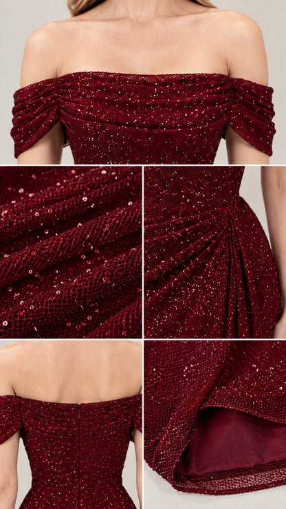 Close-up details of draped off-shoulder neckline, glitter fabric, and lining