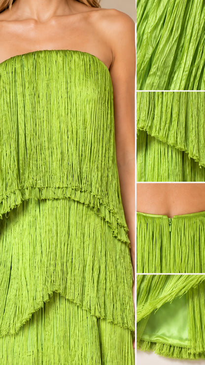 Close-up details of fringe texture, tiered hem, zipper, and lining