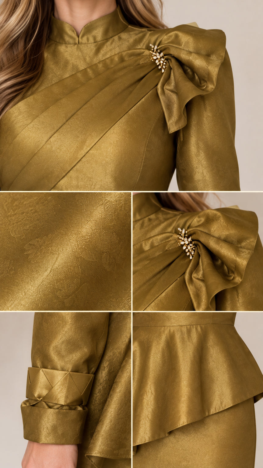 Close-up details of pleated neckline, shoulder brooch, and peplum hem