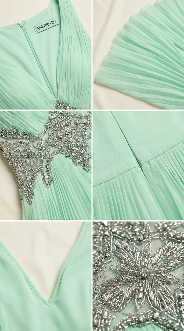 Close-up of mint green pleats, V-neck finish, and silver-toned waist embellishment