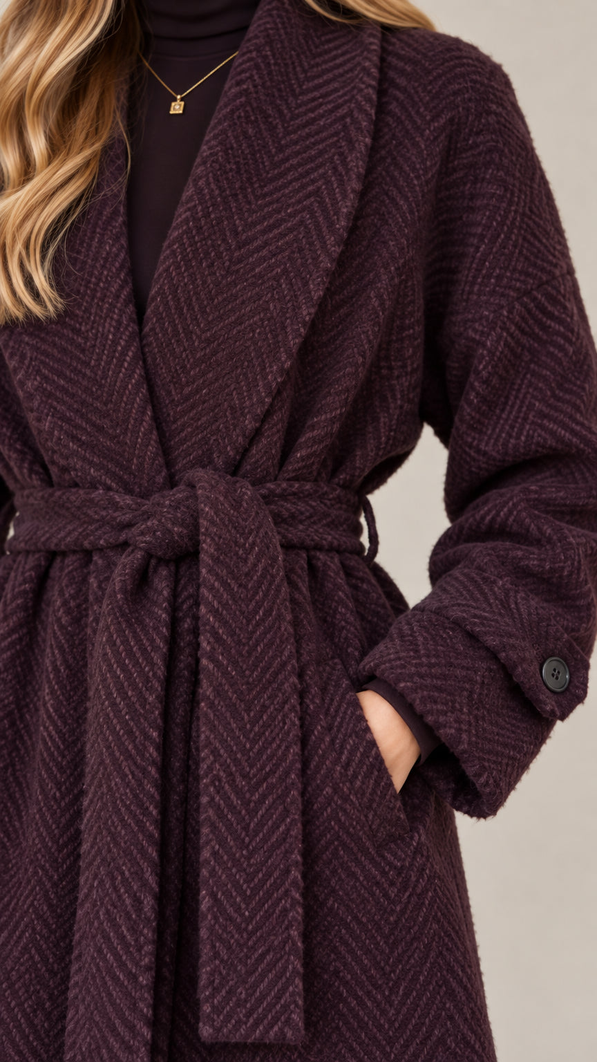 Close-up detail of herringbone textured fabric, lapel, and tie belt