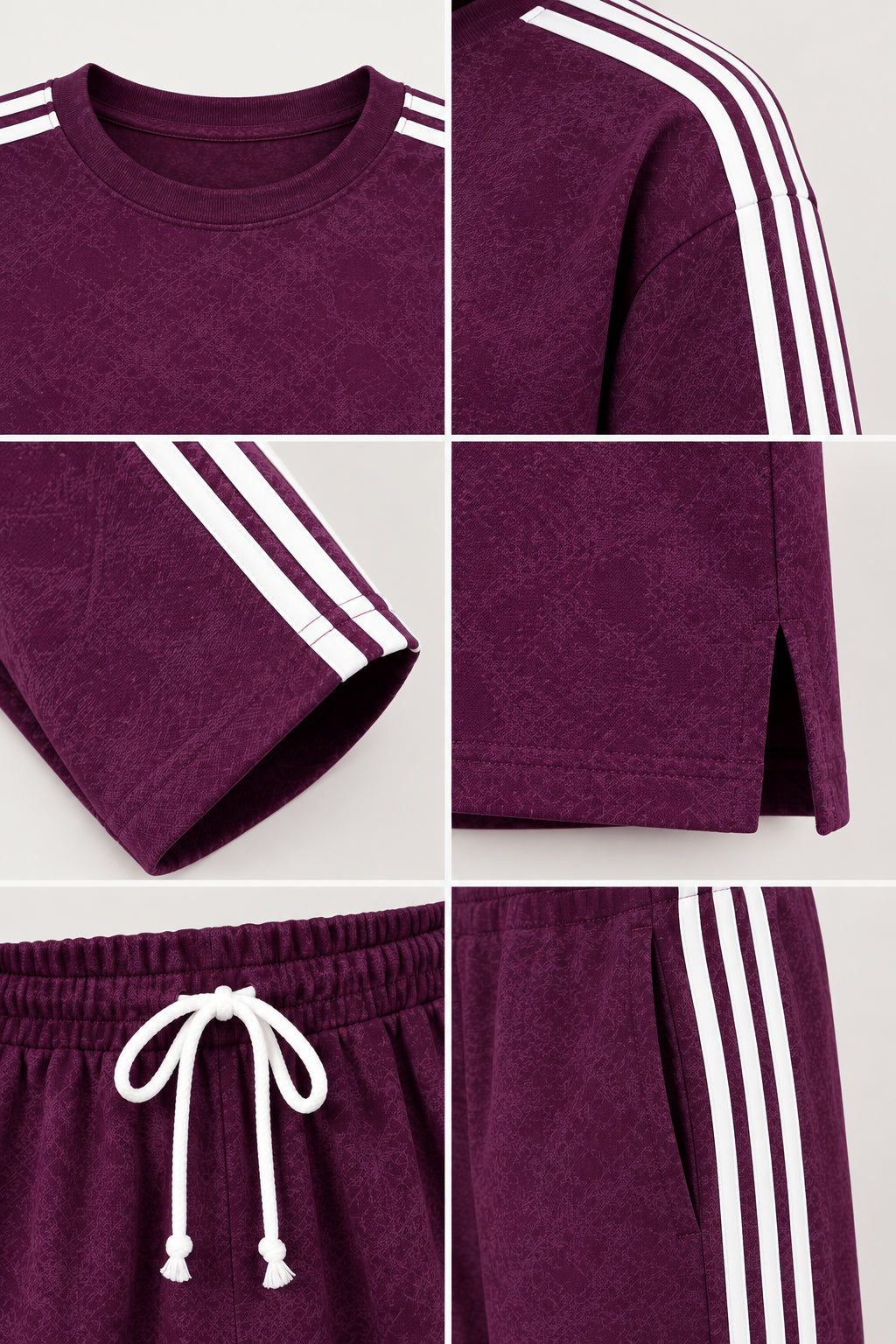 Close-up details of crewneck neckline, side stripe cuff, hem slit, and drawstring waist