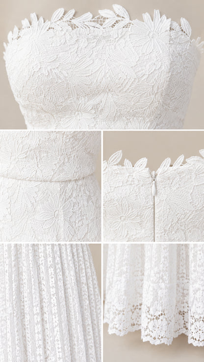 Close-up details of floral scalloped neckline, waist seam, zipper, and pleated lace hem