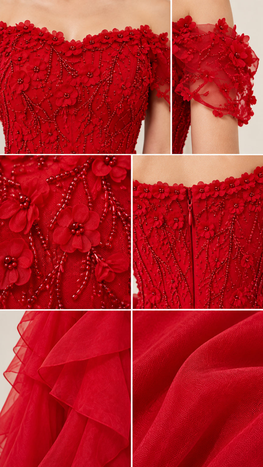 Close-up details of 3D floral appliques, beading, zipper, and tiered mesh fabric