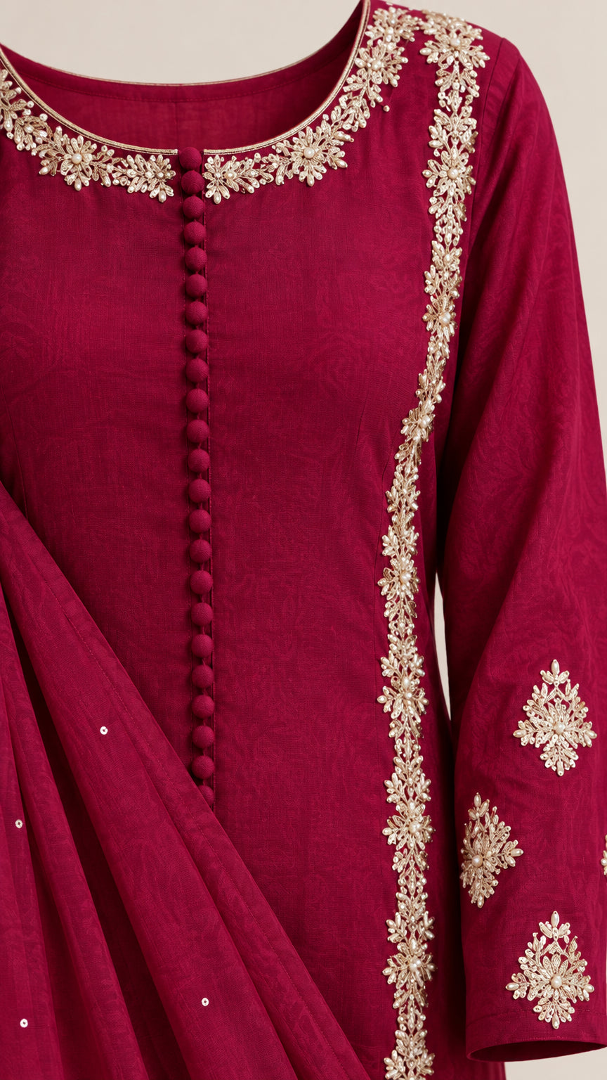Close-up detail of gold embroidery neckline and button accents on wine red kurta